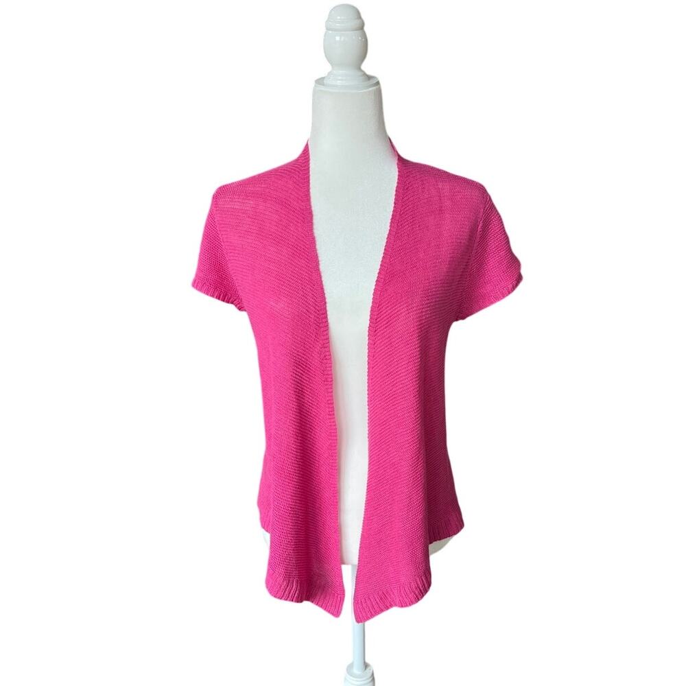 Eileen Fisher Hot Pink 100% Linen Knit Short Sleeve Open Cardigan Womens Size XS